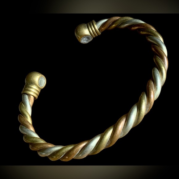 Tri Color Metal Twisted Open End Magnet Mens Cuff Bracelet Copper Brass Silver - Picture 3 of 6